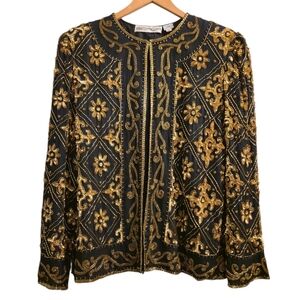 Vintage SCALA Black and Gold Sequin And Beads Embroidered Blazer Size PL